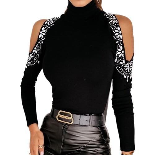 Autumn Off Shoulder Tops Women Diamond Decoration Blouses Sexy Turtleneck Jumper Pullover Soild Color Long Sleeve Slim Shirts