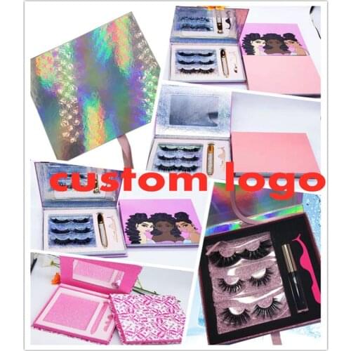 Three pair with mirror lash box print logo 25mm mink lashes wholesale false eyelash packaging box lash box custom logo With glue