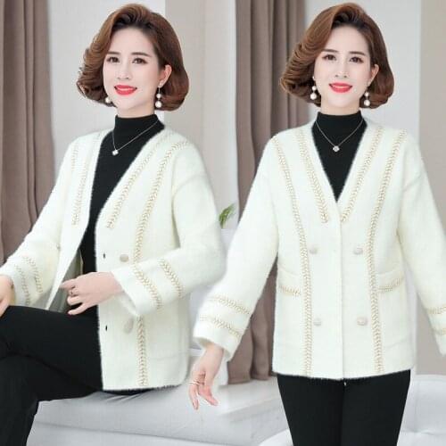 High Quality Women White Mink Jacket Coat For Female Slim Cardigan V-neck Outerwear Ladies Wool Short Coat Winter Clothes