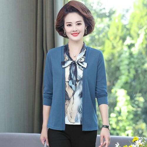 Fake Two Pieces Long Sleeve Women T-shirt Tops Spring Fall Pullover Middle Age Mother Fashion Elegant Bow Clothing 5XL