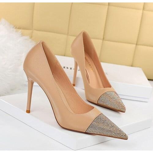 Women Bling High Heels 9.5cm Pink Rhinestone Pointed Patchwork Pumps Black Patent Leather Element Ladies Shoes Stiletto Heeled