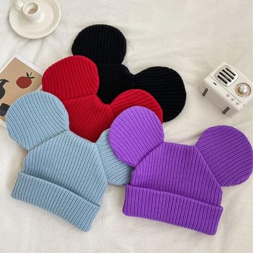 Womens Cute Solid Knitted Hats with Cartoon Mouse Ears for Teenager Beanie Cap Unisex Youngster Boy Girl Warm Winter Kitte Hat