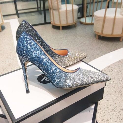 Free shipping Designer new style fashion women pumps blue pink glitter strass point toe high heels shoes bridal wedding shoes