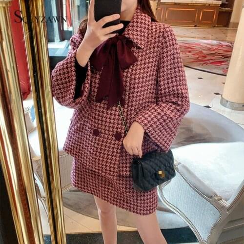 Autumn Winter Long Sleeve Tweed Wool Dress Set Women 2pcs Sets Knitted Blazer Jacket + Mini Skirt Two Piece Sets Vintage Suit
