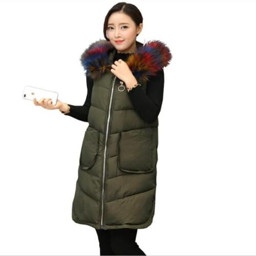 Hooded Colorfur Fur Collar Winter Womens Vest 2018 High Quality Women Medium-Long Waistcoat Sleeveless Thicken Warm Vest Q848