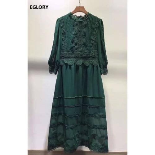 Elegant Party Vestidos 2020 Spring Summer Women Hollow Out Embroidery 3/4 Sleeve Ankle Length Maxi Dress Green Red Black White