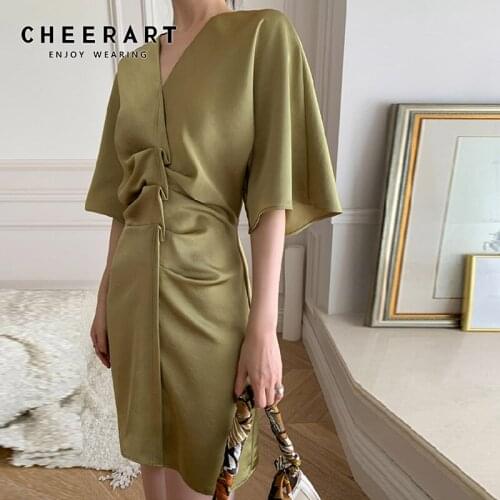 CHEERART Designer Ruched V Neck Ladies Summer Dress 2021 Tunics Flare Sleeve Mini Dress Women Korean Fashion Clothing