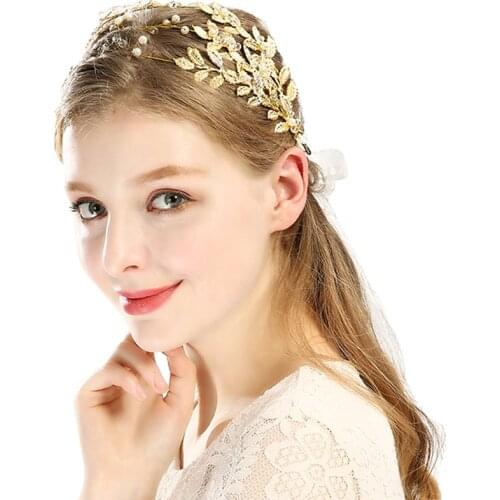 Gold Wedding Bridal Jewelry Pearl Crystal Handmade Tiaras Crown Women Vintage Leaves Rhinestone Hair Accessories Women Hair Wear