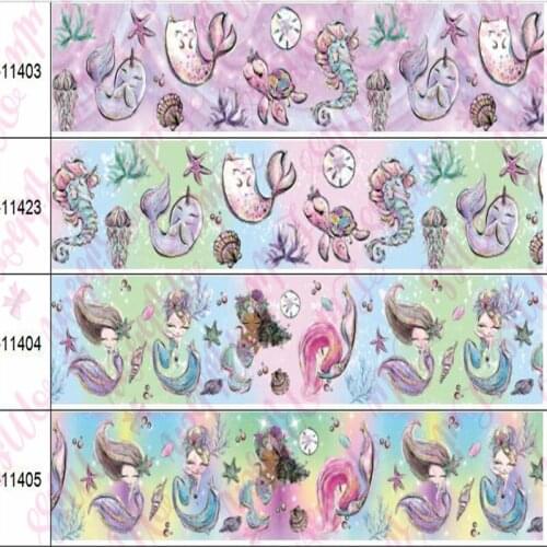 16mm-75mm Cartoon Series Scale Panda Mermaid Printed Grosgrain/Foe Ribbon Vintage Animal DIY Hair Band Gift Bowknot 50yards/roll