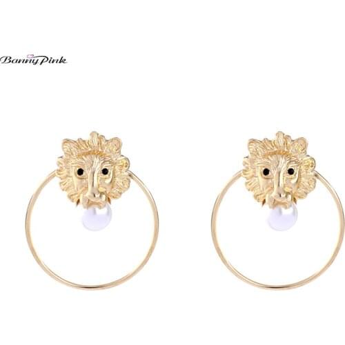 Banny Pink Simple Geometric Round Circle Stud Earrings For Women New Punk Lion Pendant Post Earrings Fashion Minimalist Jewelry