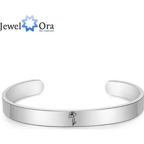 Personalized Engraved Birth Flower Cuff Bangles for Women Stainless Steel Customized Birth Month Bracelets Gifts for Girlfriend