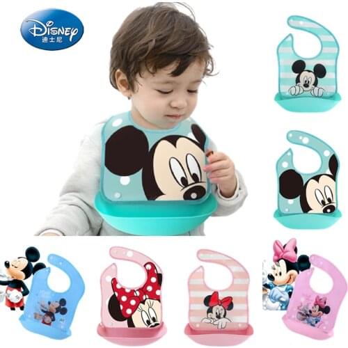 Disney Mickey Silicone Baby Bib Combination Leakproof Pocket and Baby Burp Cloth Removable Waterproof Supplies for Newborns