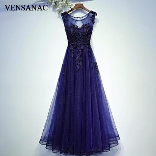 VENSANAC 2018 A Line Beading O Neck Lace Appliques Long Evening Dresses Elegant Party Crystal Backless Prom Gowns