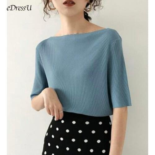 EDressU Woman Knit Shirt Boat Neck Office Lady T Shirt Plain Tees Knitwear Spring Summer Tops Casual Daily Wear HT-2022