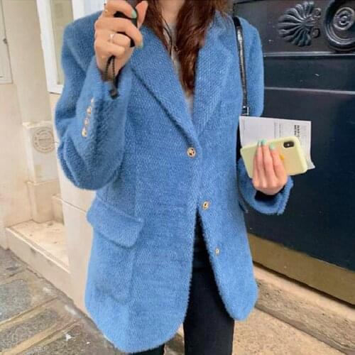 Herstory Elegant Women Blazers Vintage Long Sleeve Autumn Winter Thick Warm Plush Blazer Jackets Office Ladies Coats