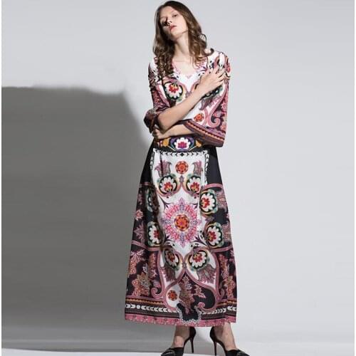 Fashion Spring Runway Women 2021 High Quality V-Neck Flower Print Holiday Party Long Maxi Dress Vestidos