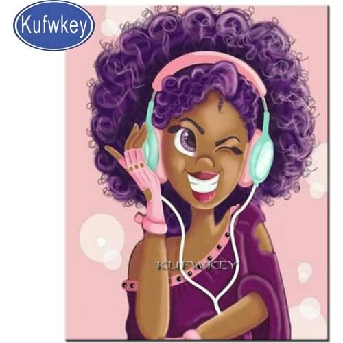 5D African American Girl music Full Diamond Painting cross stitch kits art Portrait 3D paint by diamonds Wall Sticker