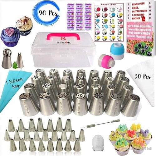90 Pcs Russian Piping Tips Set with Storage Case Cake Decorating Supplies Kit Frosting Tips Nozzles Pastry Bags Baking Tools