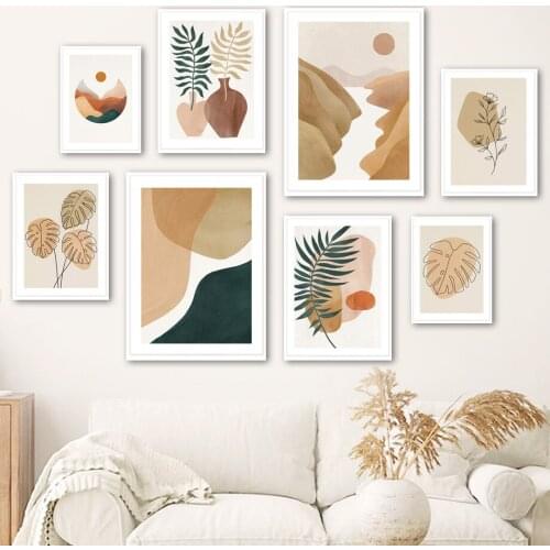 Leaf Monstera Mountain Sun Vase Abstract Wall Art Canvas Painting Nordic Posters And Prints Wall Pictures For Living Room Decor