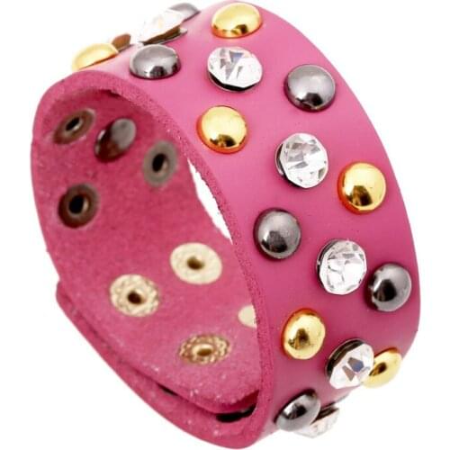 Punk Fashion Women Round Rivets Wide Bracelet Alloy Crystal Beads Charm Leather Cuff Bangle Wristband Wrap Gothic Casual Jewelry