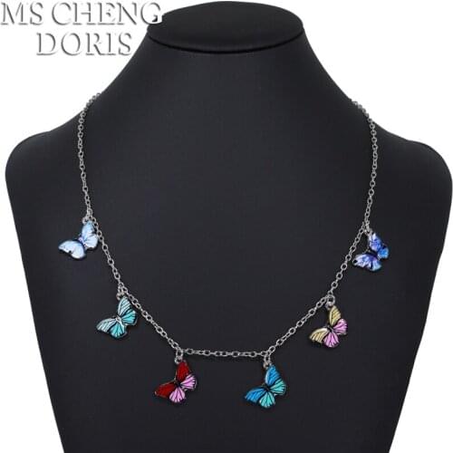 Korean Japan Gradient Butterfly Necklace For Women Girls Rainbow Butterflies Pendant Choker Necklaces Jewelry Gift