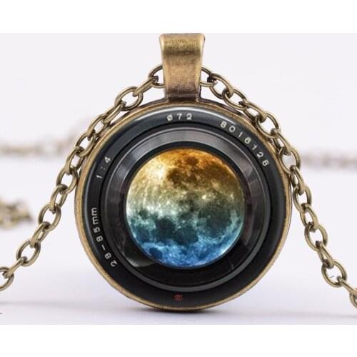 2021 New Camera Photo Beautiful Scenery Night Sky Stars Black Hole Moon Pendant Necklace Jewelry Glass Retro Antique