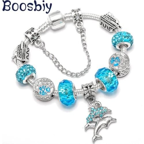 Boosbiy Silver Plated Charm Bracelets For Women With Ocean Starfish Dolphin Beads DIY Fashion Brand Jewelry Gift Pulseras