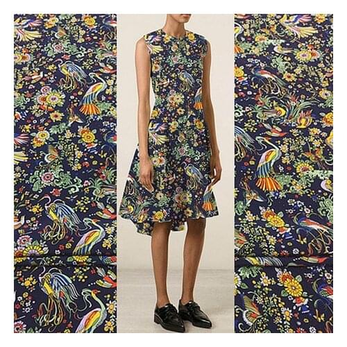 Silk crepe de chine fabric mulberry silk material digital printing fashion custom fabric navy blue background color 18mm