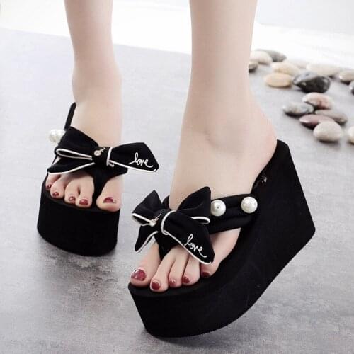 2021 Bowknot Heeled Flip Flops Women Slippers Summer 11CM High Heels Wedge Platform Shoes Sweet Womens Beach Slippers