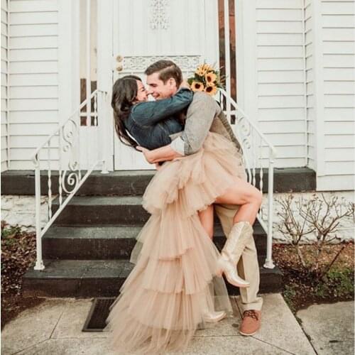 2020 Trendy Champagne High Low Tulle Skirts Women Elastic Long Ruffles Tiered Tulle Skirt Custom Made