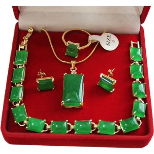 Vintage Natural Stone Pendant Necklace Earrings Bracelet Ring Jewelry Set Green Beads Choker Fashion Women Wedding Party Gifts