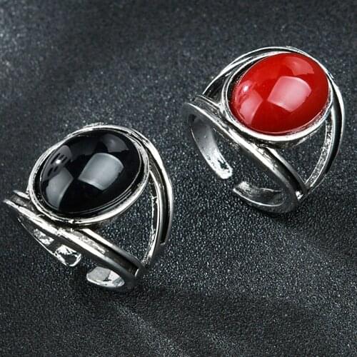 Vintage Black Red Stone Wedding Opening Rings For Men Women Luxury Bride Engagement Adjustable Ring Fashion Jewelry Wholesale