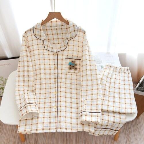 Japanese cotton pajamas womens summer new style double-layer gauze thin section long-sleeved trousers 2 piece set women