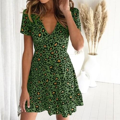 Women Mini Leopard Dress Summer Print Ruffles Short Sleeve V neck Evening Party Sweet Beach Dress 2021 Summer Vestido