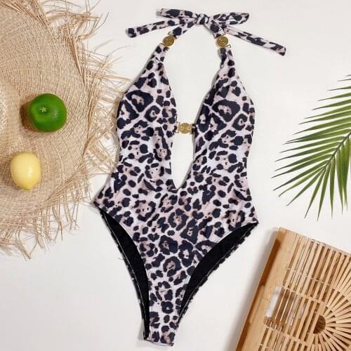 2021 Leopard Sexy Backless Swimsuit Monokini One Piece Swimwear Women Stroj Kapielowy Maio Biquini Mujer Trikini Badpak Dames