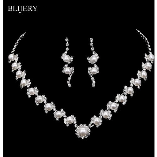 BLIJERY New Silver Color Simulated Pearl Crystal Bridal Jewelry Sets for Women Geometric Necklace Earrings Wedding Jewelry Sets