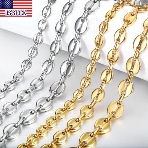 Davieslee 7/9/11mm Coffee Beans Link Chain Necklace for Men Women Stainless Steel Gold Silver Color Fashion Jewelry Gift DKNM176