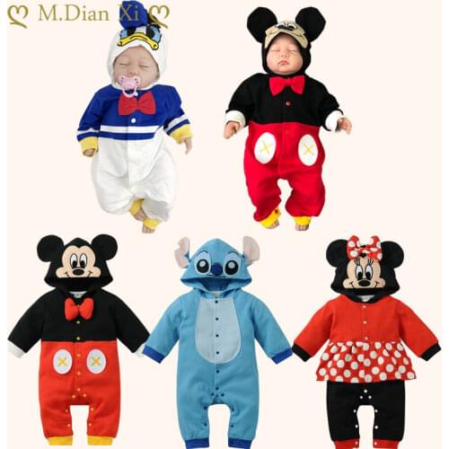 2021 New Baby Clothing Cotton Terry Hooded Jumpsuit Climbing Suit Long Sleeve Climbing Suit Baby Cartoon Minnie Mickey Jumpsuit