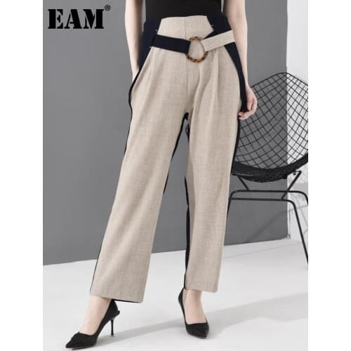 [EAM] High Waist Apricot Contrast Color Long Wide Leg Trousers New Loose Fit Pants Women Fashion Tide Spring Autumn 2021 JO374