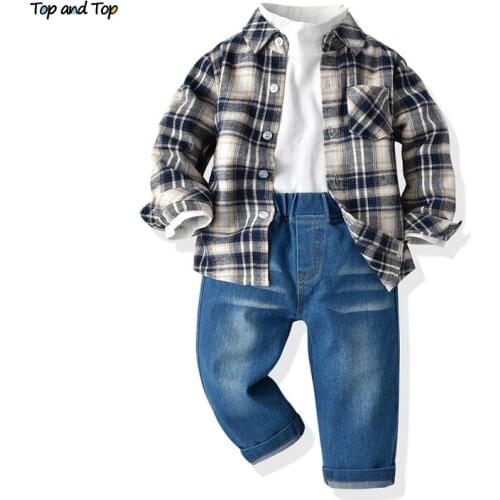 Top and top Autumn Winter Children Boys Clothes Outfits Long Sleeve Plaid Shirt+White Tshirt+Denim Trousers Kids Casual 3PCS Set