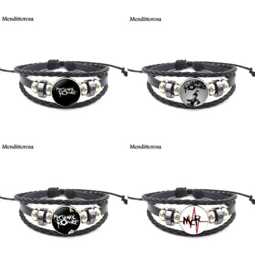 Mendittorosa Jewelry Classic Glass Cabochon Black Leather Bracelet Bangle Fashion For Women Rock Band My Chemical Romance