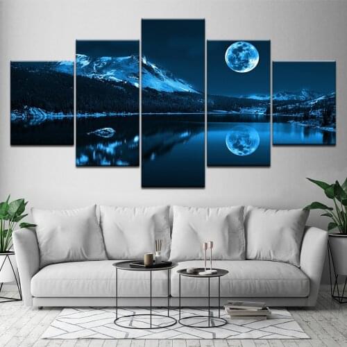 5 Pieces Modern Decoration Home Wall Art Modular Pictures Canvas Abstract Blue Moon Night Scene Paintings HD Printing Decor