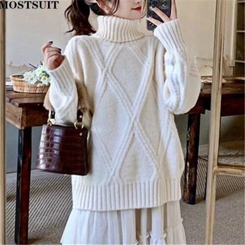 MOSTSUIT Thicken Rhombus Knitted Turtleneck Sweater Pullover Women Autumn Winter Warm Full Sleeve Loose Solid Female Tops Jumper
