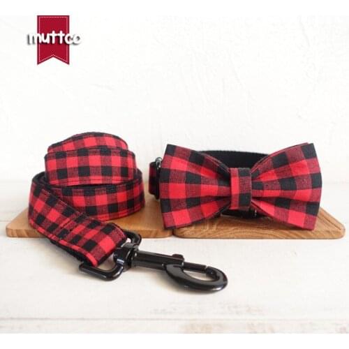 MUTTCO retailing grid handmade collar THE RED BLACK PLAID durable pet necklace collar with bow tie for your pet 5 sizes UDC074H