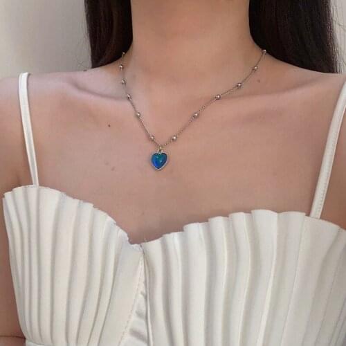 Feeling Mood Sensitive Color Changing Love Heart Pendant Necklace Stainless Steel Beaded Chain Necklaces Gift Jewelry