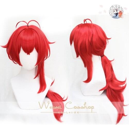 Game Genshin Impact Diluc Orange Red Long Wig Cosplay Costume Heat Resistant Synthetic Hair Men Women Wigs + Wig Cap