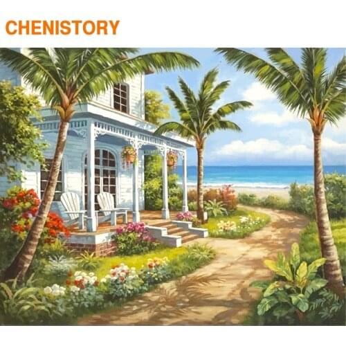 CHENISTORY Frame DIY Painting By Numbers Coconut Tree By The Sea Modern Wall Art Picture By Numbers Canvas Paint For Home Decor