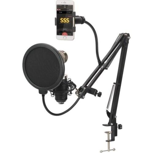 New Adjustable Recording Microphone Arm Stand with Mic Round Shape Wind Pop Filter Mask Shield and Phone Holder
