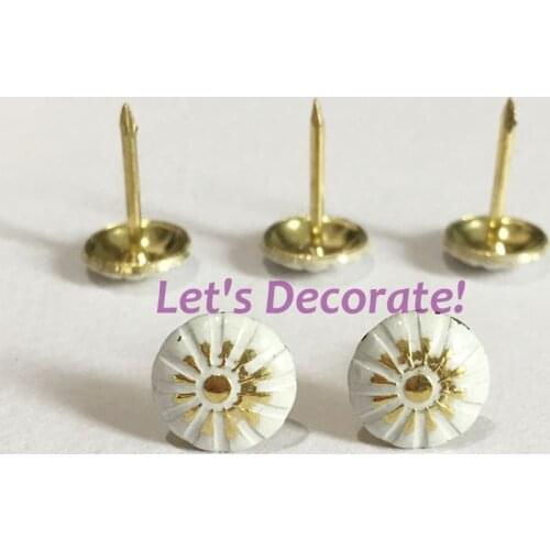 Retail Selling D11mm*17mm Golden Plated With White Print Then Polish Middle Flower Decorative Tack, Hobnail,Upholstery Nail