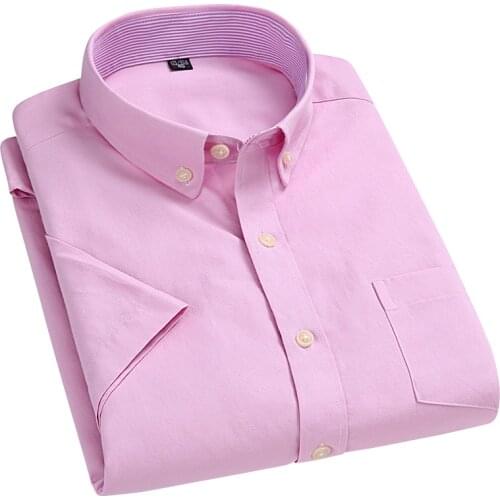 AOLIWEN Men 56% Cotton Pink Oxford Solid Color Short Sleeve Dress Shirt Summer Trend Business Office Anti wrinkle Slim Shirts